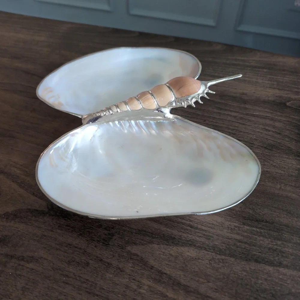 Large Vintage Mother of Pearl Clam Shell Trinket Dish Feet Manila Nautical Decor